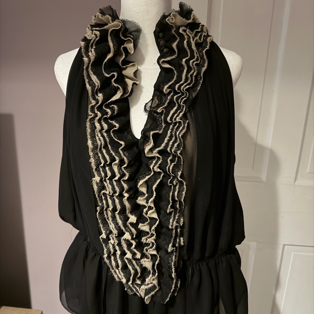 Robert Rodriguez Black Blouse with Cream Ruffle Detail